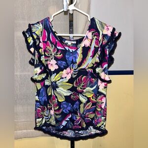 Chicos 2 Large Linen Tropical Leaf Multicolor Ruffle Fringe Short Sleeve Blouse